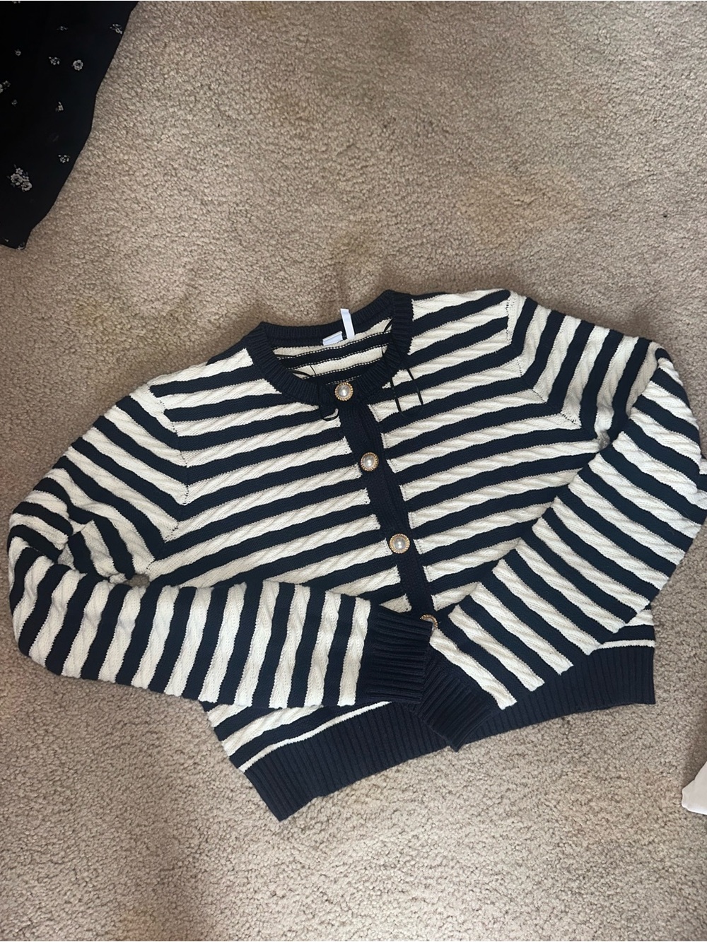 Striped Crewneck Button Cardigan Sweater - navy & White